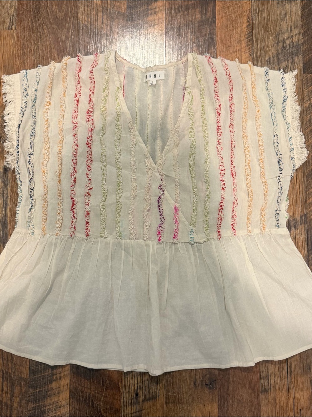 THML White Peplum Top with Multicolor Fringe Stripes